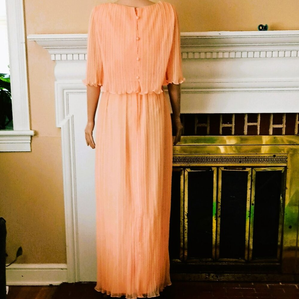 VTG Miss Elliette Peach Accordion Crepe Chiffon Cape Evening Gown Formal Dress - Picture 4 of 14